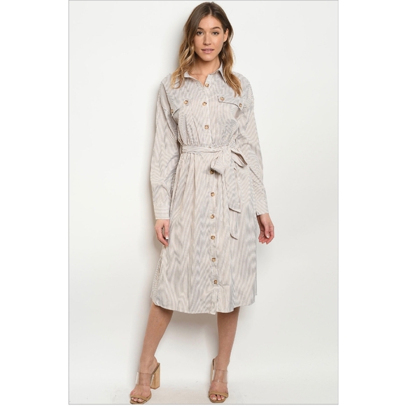 LAST ONE❗ESSUE Taupe Pinstripes Long Midi Shirt Dress - Picture 4 of 7